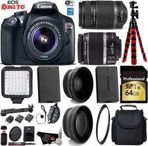Canon EOS Rebel T6 DSLR Camera with 18-55mm IS Lens & 55-250mm IS II Lens + LED + Wide Angle & Telephoto Lens + UV FLD CPL Filter Kit + Camera Case + Tripod + Card Reader + Bundle (Intl Model)