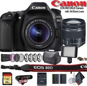 Canon EOS 80D DSLR Camera with 18-55mm Lens (Intl Model) (1263C005) W/ Bag, Extra Battery, LED Light, Mic, Filters and More - Advanced Bundle