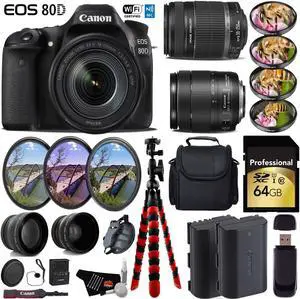 Canon EOS 80D DSLR Camera & 18-135mm is STM Lens & 55-250mm is II Lens + Tripod + UV FLD CPL Filter Kit + 4 PC Macro Kit + Wide Angle & Telephoto Lens + Case + Card Reader - Intl Model