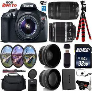 Canon EOS Rebel T6 DSLR Camera with 18-55mm IS II Lens & 75-300mm III Lens + UV FLD CPL Filter Kit + Tripod + Wide Angle & Telephoto Lens + Camera Case + Card Reader + Bundle (Intl Model)