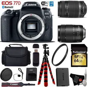 Canon EOS 77D DSLR Camera with 18-135mm is STM Lens & 55-250mm is II Lens + Professional Case + Flexible Tripod + UV Protection Filter + Card Reader - Intl Model