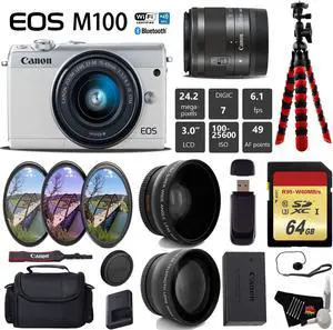 Canon EOS M100 Mirrorless Digital Camera (White) with 15-45mm Lens + UV FLD CPL Filter Kit + Wide Angle & Telephoto Lens + Camera Case + Tripod + Card Reader - International Version