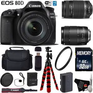 Canon EOS 80D DSLR Camera with 18-135mm is STM Lens & 55-250mm is II Lens + UV Protection Filter + Flexible Tripod + Professional Case + Card Reader - Intl Model