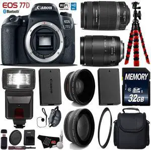 Canon EOS 77D DSLR Camera with 18-135mm is STM Lens & 55-250mm is II Lens + Case + Flash + UV FLD CPL Filter Kit + Wide Angle & Telephoto Lens + Tripod + Card Reader - Intl Model