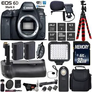 Canon EOS 6D Mark II DSLR Camera (Body Only) + Case + Wrist Strap + Professional Battery Grip + Condenser Microphone + LED Kit + Extra Battery + Tripod + Card Reader - Intl Model