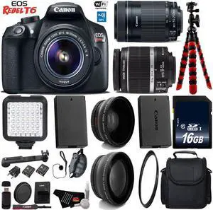 Canon EOS Rebel T6 DSLR Camera with 18-55mm IS Lens & 55-250mm IS STM Lens + LED + UV FLD CPL Filter Kit + Wide Angle & Telephoto Lens + Camera Case + Tripod + Card Reader + Bundle (Intl Model)