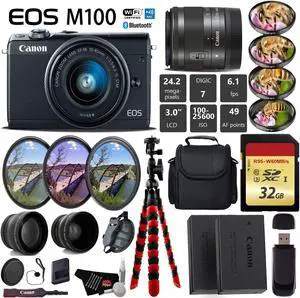 Canon EOS M100 Mirrorless Digital Camera (Black) with 15-45mm Lens + UV FLD CPL Filter Kit + 4 PC Macro Kit + Wide Angle & Telephoto Lens + Camera Case + Tripod + Card Reader - International Version