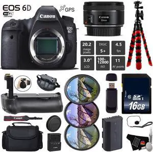 Canon EOS 6D DSLR Camera with 50mm f/1.8 STM Lens + Tripod + Professional Battery Grip + UV FLD CPL Filter Kit + Case + Wrist Strap + Card Reader - Intl Model