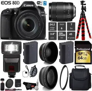 Canon EOS 80D DSLR Camera with 18-135mm is STM Lens + Flash + UV FLD CPL Filter Kit + Wide Angle & Telephoto Lens + Camera Case + Tripod + Card Reader - Intl Model