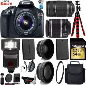 Canon EOS Rebel T6 DSLR Camera with 18-55mm IS Lens & 55-250mm IS II Lens + Flash + Wide Angle & Telephoto Lens + UV FLD CPL Filter Kit + Camera Case + Tripod + Card Reader + Bundle (Intl Model)