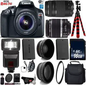 Canon EOS Rebel T6 DSLR Camera with 18-55mm IS II Lens & 75-300mm III Lens + Flash + UV FLD CPL Filter Kit + Wide Angle & Telephoto Lens + Camera Case + Tripod + Card Reader + Bundle (Intl Model)