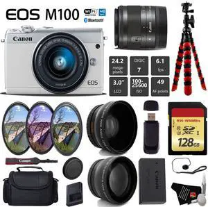 Canon EOS M100 Mirrorless Digital Camera (White) with 15-45mm Lens + UV FLD CPL Filter Kit + Wide Angle & Telephoto Lens + Camera Case + Tripod + Card Reader - International Version