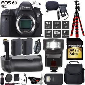 Canon EOS 6D DSLR Camera (Body Only) + Professional Battery Grip + Condenser Microphone + Flash + Extra Battery + Case + Wrist Strap + Tripod + Card Reader