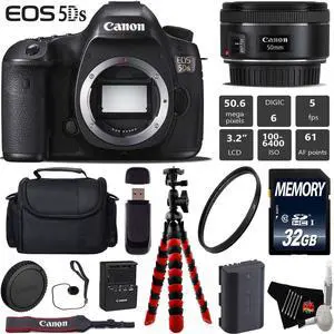 Canon EOS 5DS DSLR Camera With 50mm f/1.8 STM Lens + Wireless Remote + UV Protection Filter + Case + 32GB Memory Card + Tripod + Card Reader Bundle - Intl Model