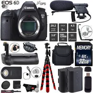 Canon EOS 6D DSLR Camera (Body Only) + Wrist Strap + Professional Battery Grip + Condenser Microphone + Extra Battery + Case + Tripod + Card Reader