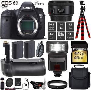 Canon EOS 6D DSLR Camera with 50mm f/1.8 STM Lens + Professional Battery Grip + UV Protection Filter + Flash + Extra Battery + Case + Wrist Strap + Tripod + Card Reader - Intl Model