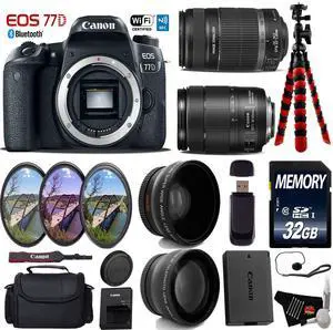 Canon EOS 77D DSLR Camera with 18-135mm is STM Lens & 55-250mm is II Lens + Camera Case + UV FLD CPL Filter Kit + Wide Angle & Telephoto Lens + Tripod + Card Reader - Intl Model