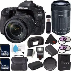 Canon EOS 80D DSLR Camera with 18-135mm Lens 1263C006 (International Version) + Canon EF-S 55-250mm Lens + 64GB SDXC Card + LP-E17 Replacement Lithium Ion Battery + External Flash Bundle