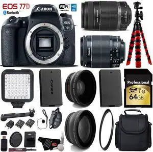 Canon EOS 77D DSLR Camera with 18-55mm is STM Lens & 55-250mm is II Lens + Tripod + LED + UV FLD CPL Filter Kit + Wide Angle & Telephoto Lens + Camera Case + Card Reader - Intl Model