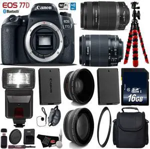 Canon EOS 77D DSLR Camera with 18-55mm is STM Lens & 55-250mm is II Lens + Flash + UV FLD CPL Filter Kit + Wide Angle & Telephoto Lens + Camera Case + Tripod + Card Reader - Intl Model