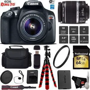 Canon EOS Rebel T6 DSLR Camera with 18-55mm IS II Lens + Flexible Tripod + Professional Case + UV Protection Filter + Card Reader + Bundle (Intl Model)