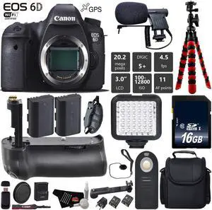 Canon EOS 6D DSLR Camera (Body Only) + Tripod + Professional Battery Grip + Condenser Microphone + LED Kit + Extra Battery + Case + Wrist Strap + Card Reader