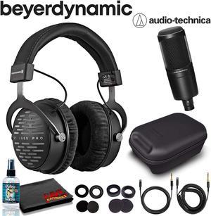 Beyerdynamic DT 1990 Pro 250 Ohm Open-Back Studio Headphones with Audio-Technica AT2020 Cardioid Condenser Microphone and Cleaning Kit
