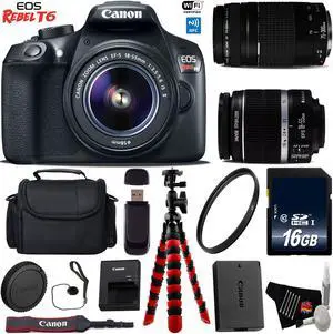 Canon EOS Rebel T6 DSLR Camera with 18-55mm IS II Lens & 75-300mm III Lens + Flexible Tripod + UV Protection Filter + Professional Case + Card Reader + Bundle (Intl Model)