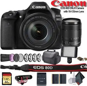 Canon EOS 80D DSLR Camera with 18-135mm Lens (1263C006) W/ Bag, Extra Battery, LED Light, Mic, Filters and More - Advanced Bundle