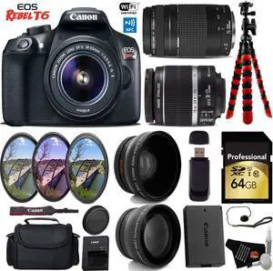 Canon EOS Rebel T6 DSLR Camera with 18-55mm IS II Lens & 75-300mm III Lens + UV FLD CPL Filter Kit + Camera Case + Wide Angle & Telephoto Lens + Tripod + Card Reader + Bundle (Intl Model)