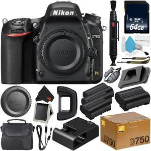 Nikon D750 DSLR Camera (Body Only) 1543 (International Model) + EN-EL14A Rechargeable Li-Ion Battery + 64GB SDXC Class 10 Memory Card + Carrying Case + Deluxe Cleaning Kit + Memory Card Wallet Bundle