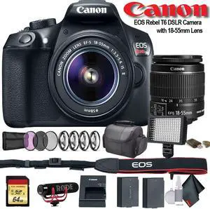 Canon EOS Rebel T6 DSLR Camera with 18-55mm Lens (1159C003) W/ Bag, Extra Battery, LED Light, Mic, Filters and More - Advanced Bundle