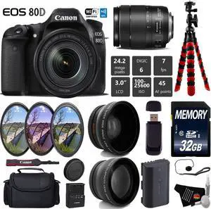 Canon EOS 80D DSLR Camera with 18-135mm is STM Lens + Camera Case + UV FLD CPL Filter Kit + Wide Angle & Telephoto Lens + Tripod + Card Reader - Intl Model