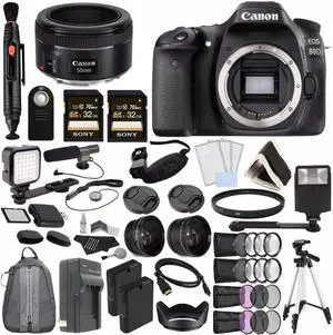 Canon EOS 80D DSLR Camera (Body Only) International Model  + Canon EF 50mm f/1.8 STM Lens + Sony 32GB SDHC Card, Rechargable Li-Ion Battery, Charger, HDMI Cable + Remote + Card Reader + Flash + Tripod