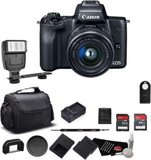 Canon EOS M50 Mirrorless Digital Camera with 15-45mm Lens and 4K Video Bundle w/ Memory Cards, Digital Slave Flash, Spare Battery + More - Intl Model