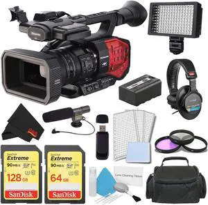 Panasonic AG-DVX200 4K Camcorder Pro Kit with Professional Headphones + Pro LED Video Light + Professional Microphone + 72mm 3pc Filter Kit + Basic and Advanced Bundle Accessories
