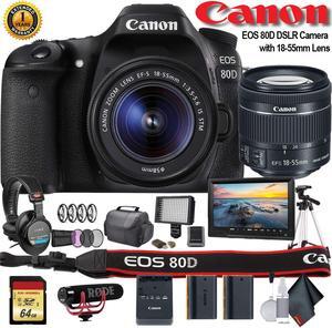 Canon EOS 80D DSLR Camera with 18-55mm Lens (Intl Model) (1263C005) W/ Bag, Extra Battery, LED Light, Mic, Filters, Tripod, Monitor and More - Professional Bundle
