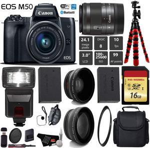 Canon EOS M50 Mirrorless Digital Camera +15-45mm Lens+ UV FLD CPL Filter Kit + W