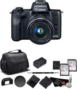 Canon EOS M50 Mirrorless Digital Camera with 15-45mm Lens and 4K Video Bundle w/ Memory Cards, Spare Battery + More - Intl Model