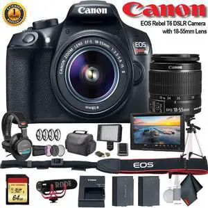 Canon EOS Rebel T6 DSLR Camera with 18-55mm Lens (1159C003) W/ Bag, Extra Battery, LED Light, Mic, Filters, Tripod, Monitor and More - Professional Bundle