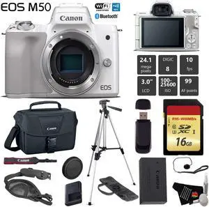 Canon EOS M50 Mirrorless Digital Camera (White, Body Only) + 16GB Class 10 Memory Card + Canon Camera Case + Full Size Tripod + Wrist Strap +  Cap Keeper + Card Reader - International Version