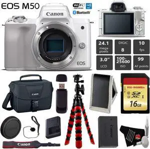 Canon EOS M50 Mirrorless Digital Camera (White, Body Only) + 16GB Class 10 Memory Card + Canon Camera Case + Flexible Tripod + Memory Card Wallet +  Cap Keeper + Card Reader - International Version