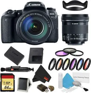Canon EOS 77D DSLR Camera with 18-135mm Lens Bundle w/ 9 Piece Filter & Memory Kit + Bonus 10-18mm Lens (Intl Model)