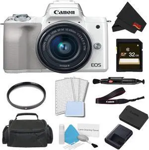Canon EOS M50 Mirrorless Digital Camera with 15-45mm Lens (White) Advanced Bundle w/ 32GB Memory Card - Intl Model