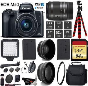 Canon EOS M50 Mirrorless Digital Camera with 15-45mm Lens + LED + UV FLD CPL Filter Kit + Wide Angle & Telephoto Lens + Camera Case + Tripod + Card Reader - International Version