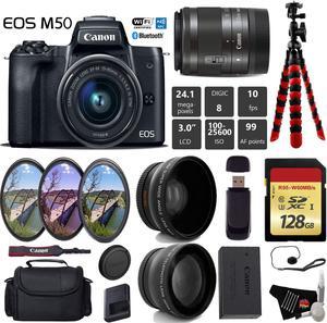 Canon EOS M50 Mirrorless Digital Camera with 15-45mm Lens + UV FLD CPL Filter Kit + Wide Angle & Telephoto Lens + Camera Case + Tripod + Card Reader - International Version
