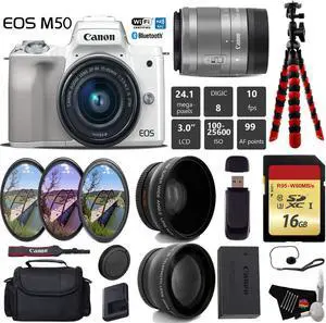Canon EOS M50 Mirrorless Digital Camera (White) with 15-45mm Lens + UV FLD CPL Filter Kit + Wide Angle & Telephoto Lens + Camera Case + Tripod + Card Reader - International Version
