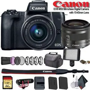 Canon EOS M50 Mirrorless Digital Camera with 15-45mm Lens (Intl Model) (2680C011) W/ Bag, Extra Battery, LED Light, Mic, Filters and More - Advanced Bundle