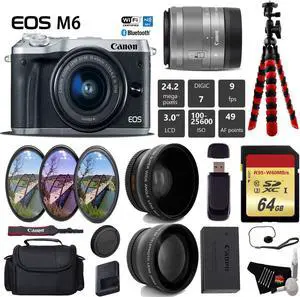 Canon EOS M6 Mirrorless Digital Camera (Silver) with EF-M 15-45mm IS STM Lens + UV FLD CPL Filter Kit + Wide Angle & Telephoto Lens + Camera Case + Tripod + Card Reader - International Version