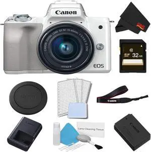 Canon EOS M50 Mirrorless Digital Camera with 15-45mm Lens (White) Basic Bundle w/ 32GB Memory Card - Intl Model
